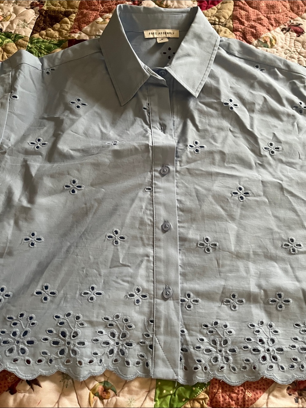 Eyelet Cropped Button-Down Blouse in Light Blue